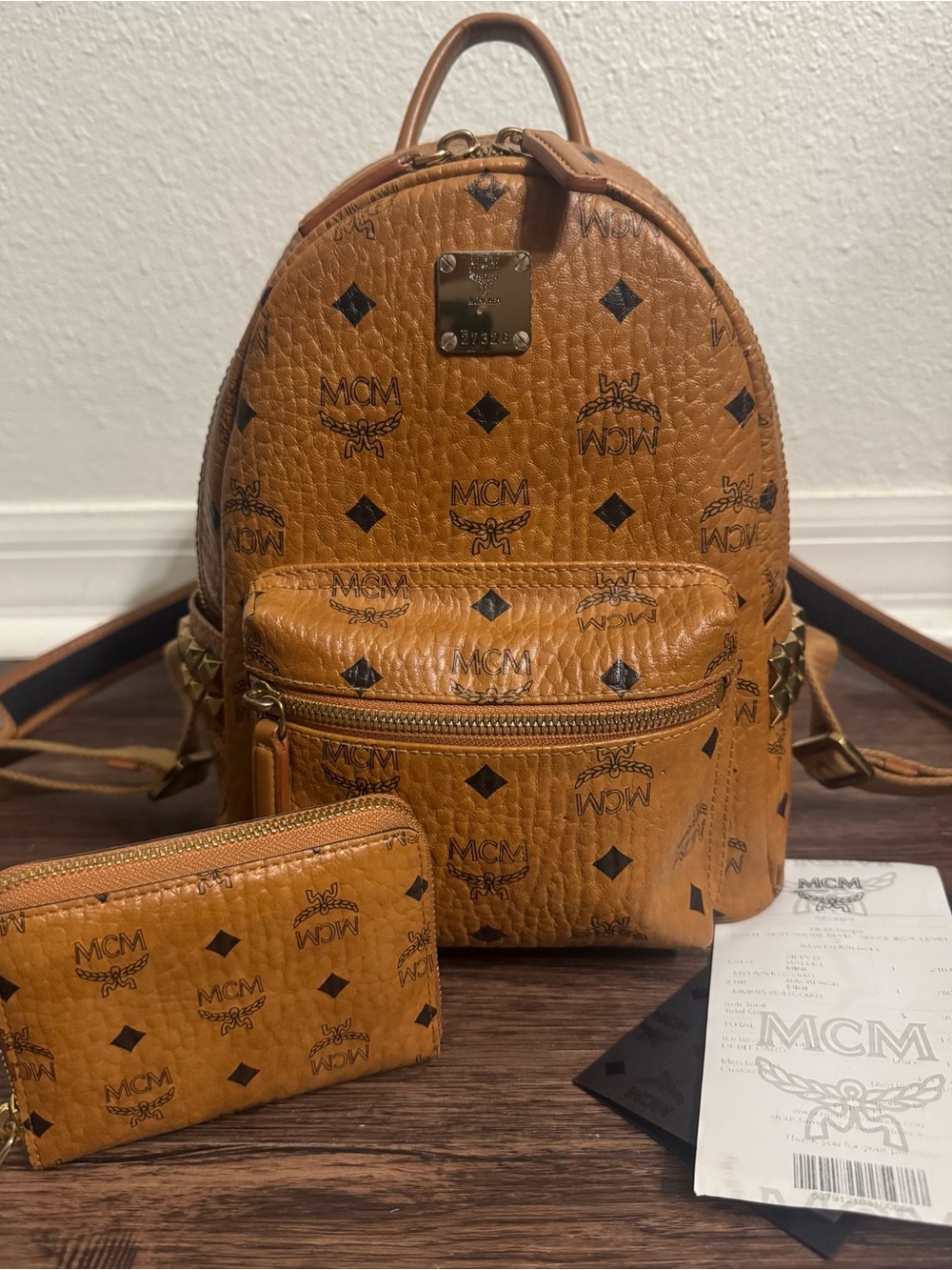 MCM Mini Stark Side Studs Backpack Visetos Cognac With Matching Wallet